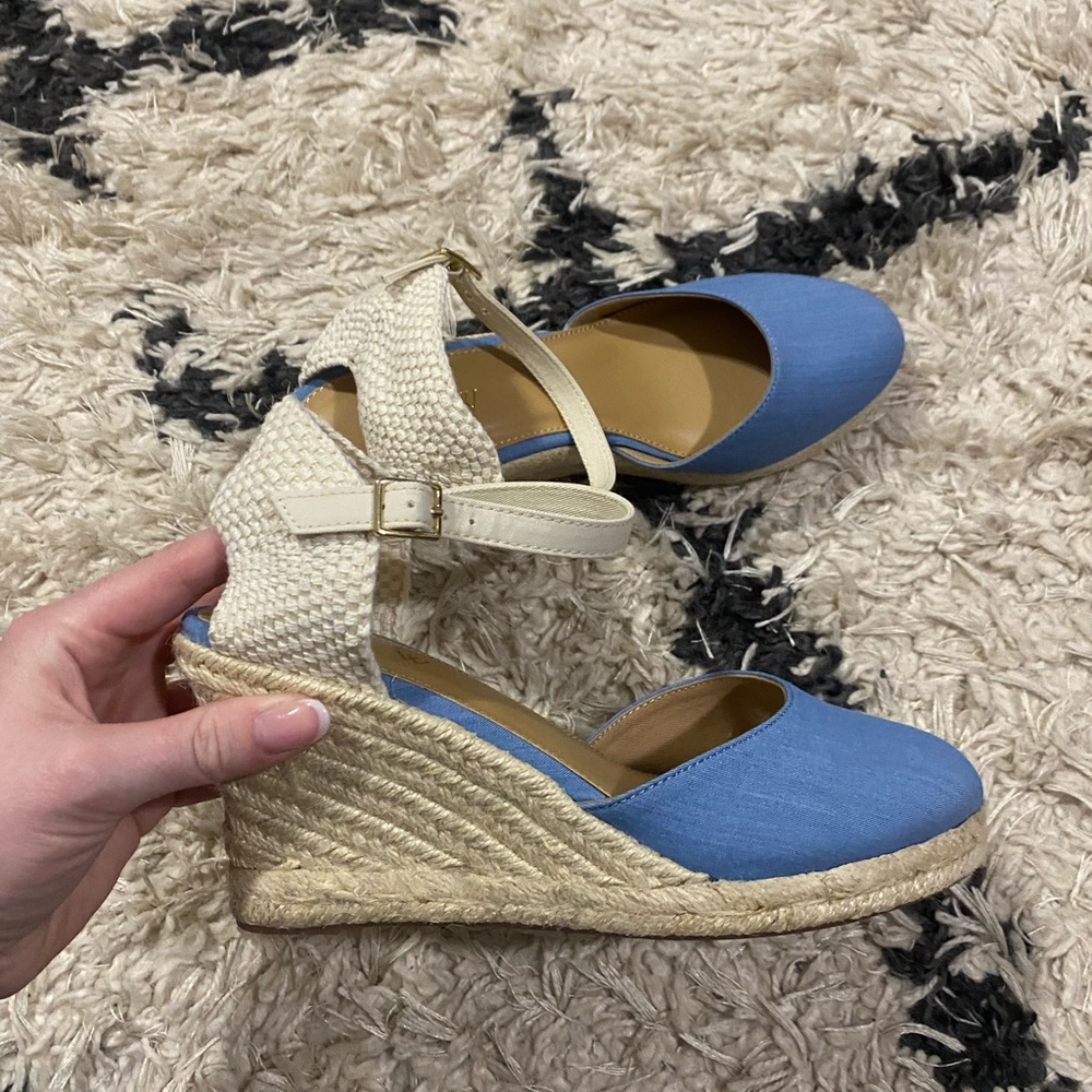 J.Crew Blue and Cream Knit Ankle Strap Espadrille Platform Wedges - Picture 6 of 10